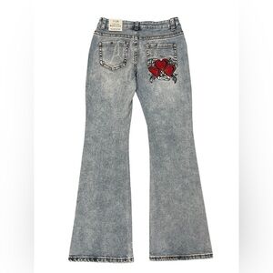 Telepatia Low Rise Bootcut Jeans Angel Rhinestone Red Heart Embroidered size 7